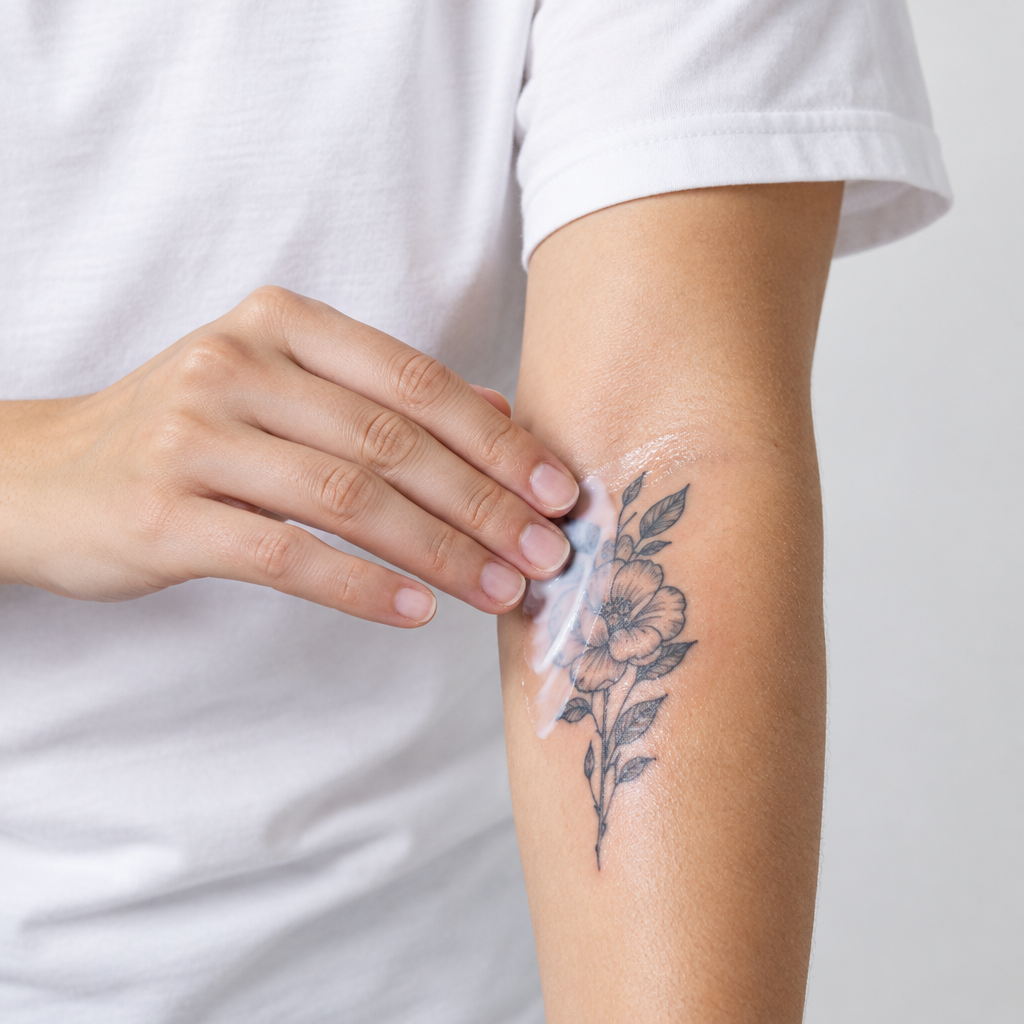 Applying Ancient Ink aftercare to a fresh tattoo with clean fabric nearby — no grease stains or residue on clothing
