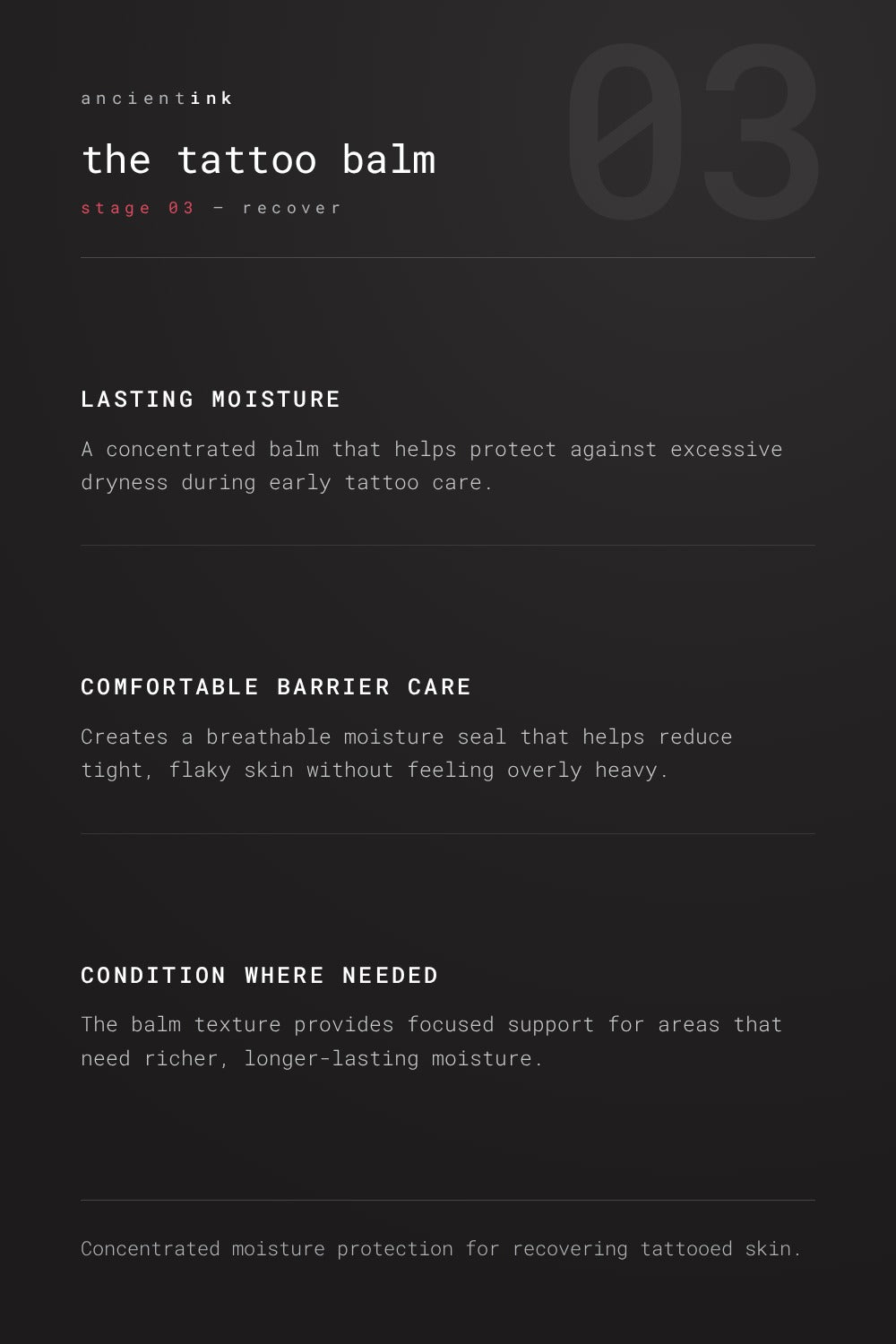 the tattoo balm, ritual stage 03 recover — moisture support through the recovery weeks