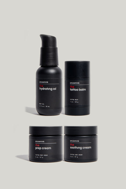 the complete ritual bundle: prep cream, soothing cream, tattoo balm, hydrating oil