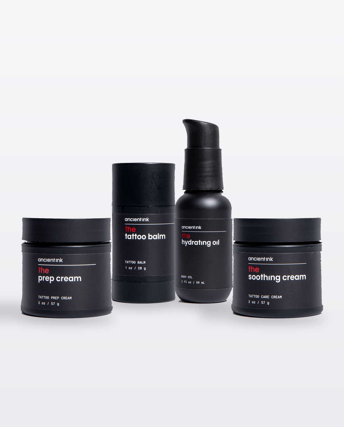 the complete ritual bundle: the prep cream, the tattoo balm, the hydrating oil and the soothing cream