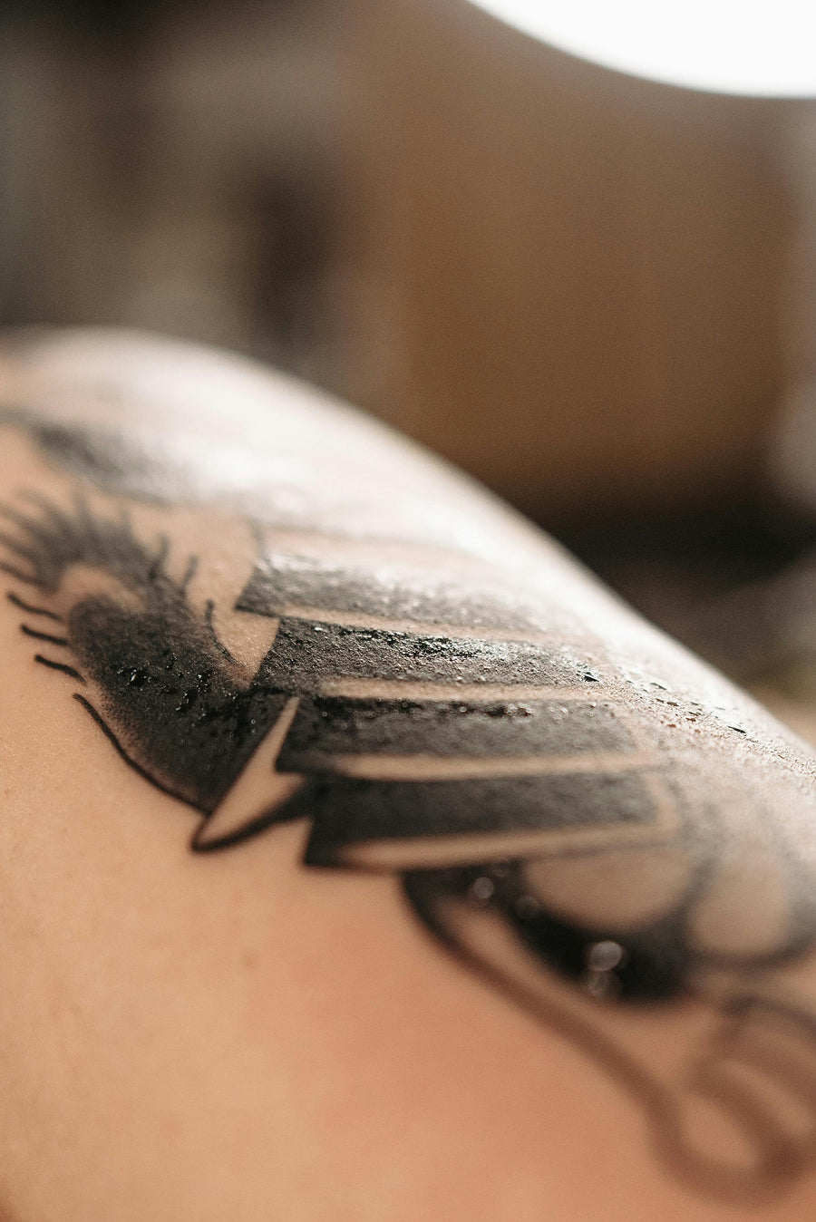 Macro detail of black linework on freshly tattooed skin